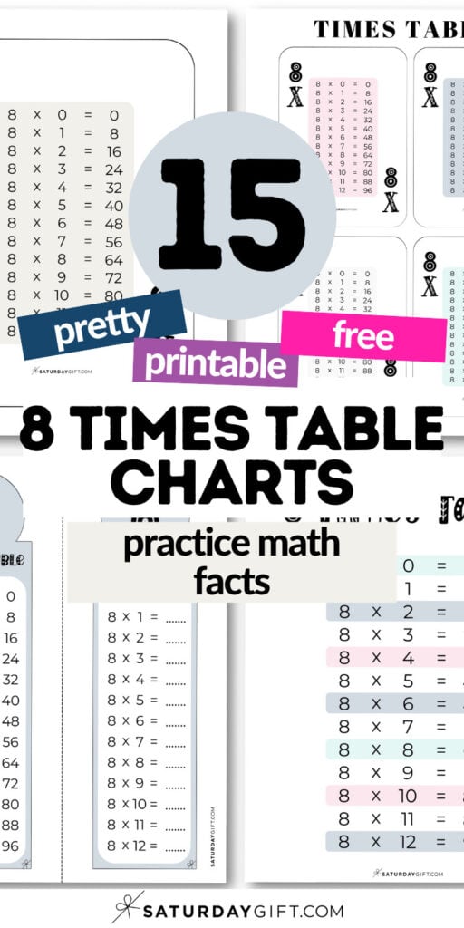 15 Pretty & Printable 8 Times Table Charts - Practice Math Facts | SaturdayGift