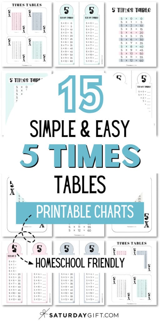 15 Simple & Easy 5 Times Tables Printable Charts - Homeschool Friendly | SaturdayGift