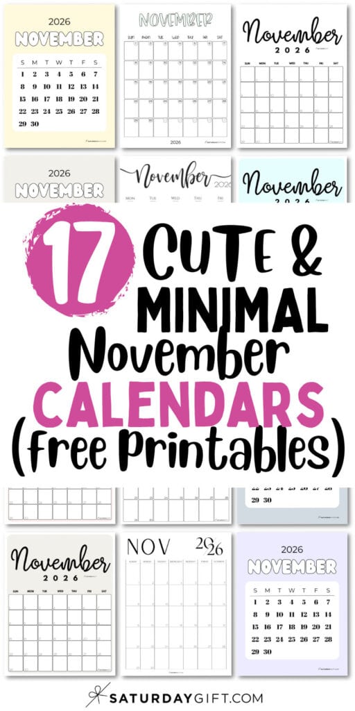 17 Cute and Minimal November Calendars Free Printables | SaturdayGift