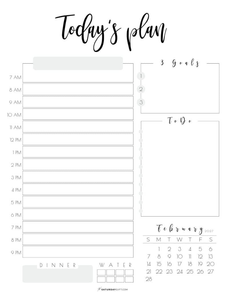 2 Today's Plan of Action Daily Planner February 2027 Sunday-start Grey by SaturdayGift
