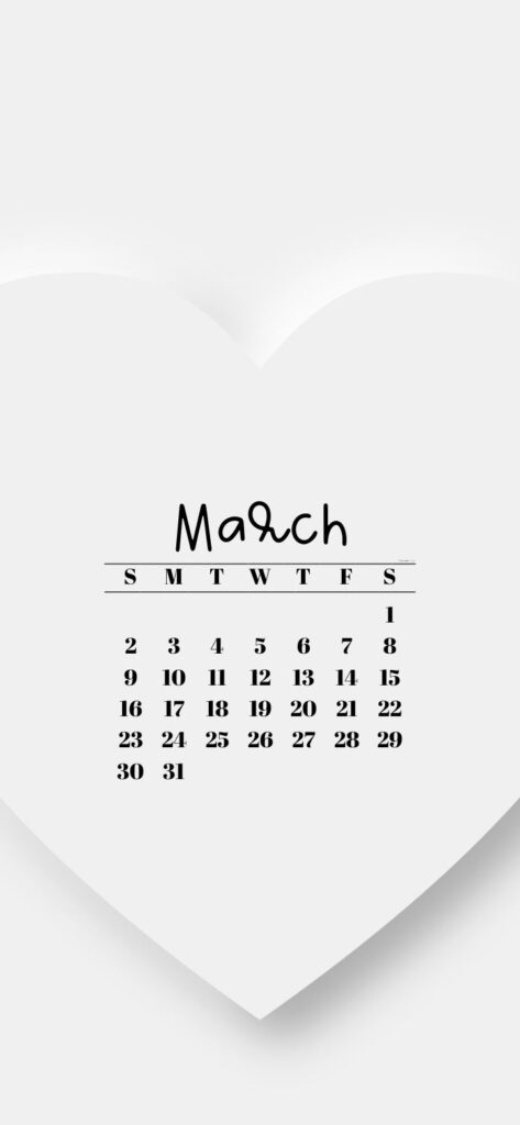 2. Pure White Heart & March 2025 Calendar Wallpaper SaturdayGift