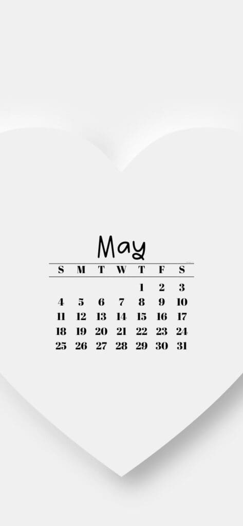 2. Pure White Heart & May 2025 Calendar Wallpaper SaturdayGift
