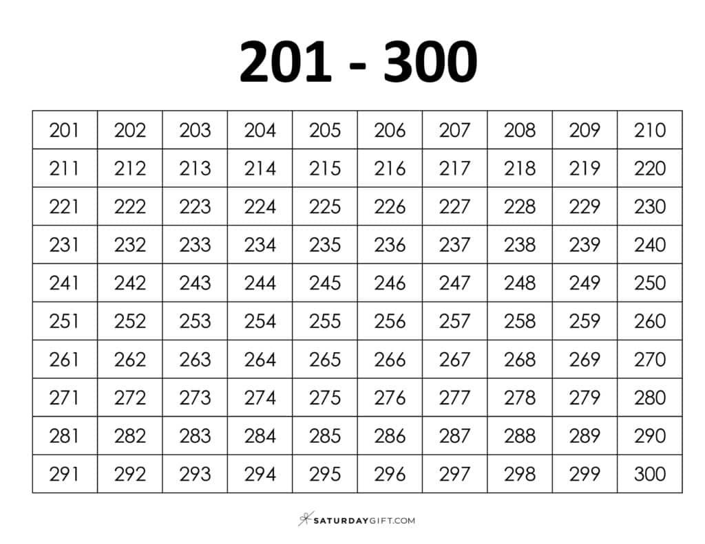 201-300 Chart - Thousands chart worksheets PDF Landscape | SaturdayGift