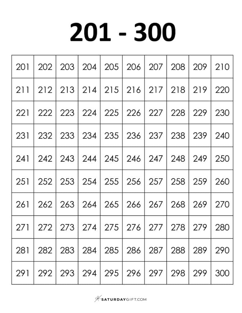 201-300 Chart - Thousands chart worksheets PDF Portrait | SaturdayGift