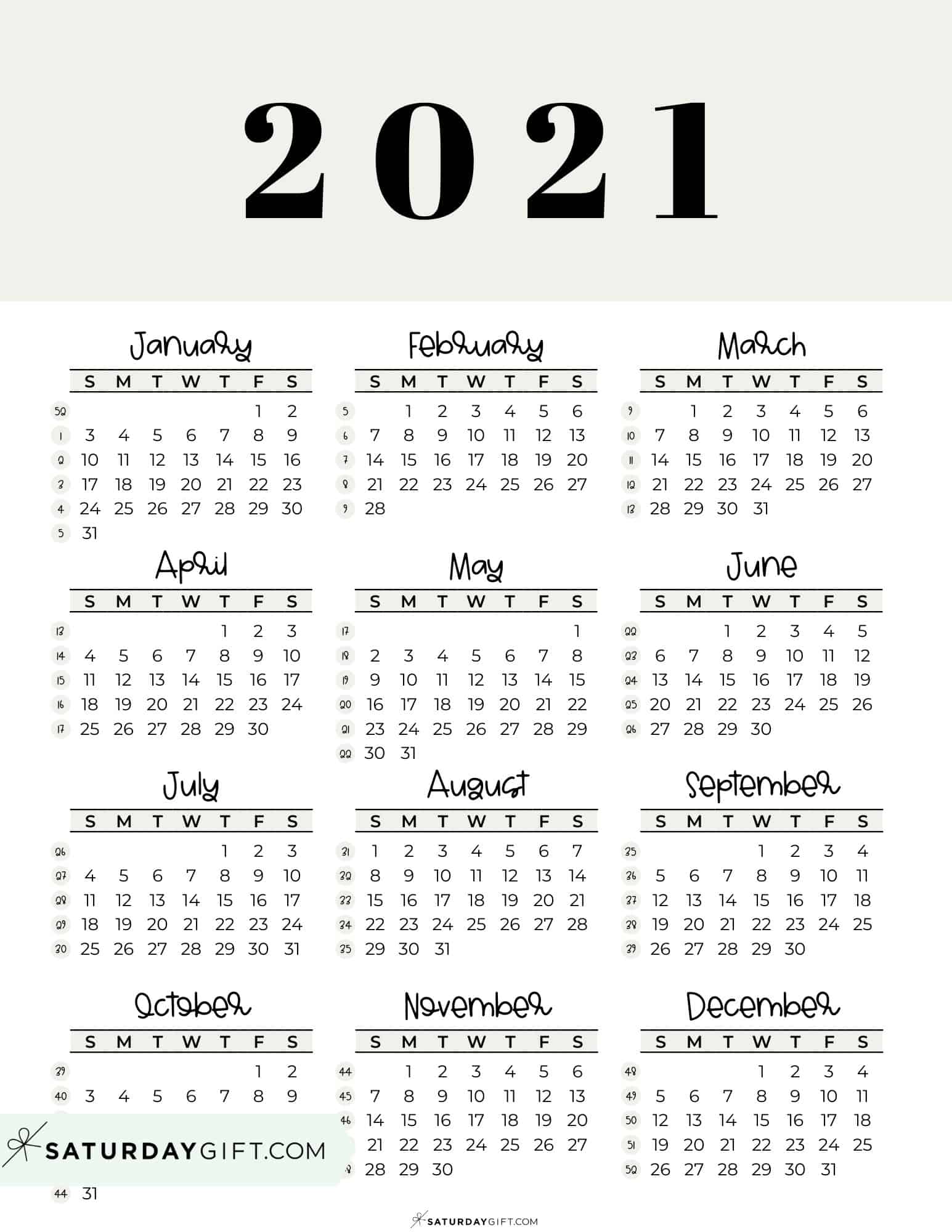 2021 Yearly Calendar printable with week numbers starting Sunday - beige free printable