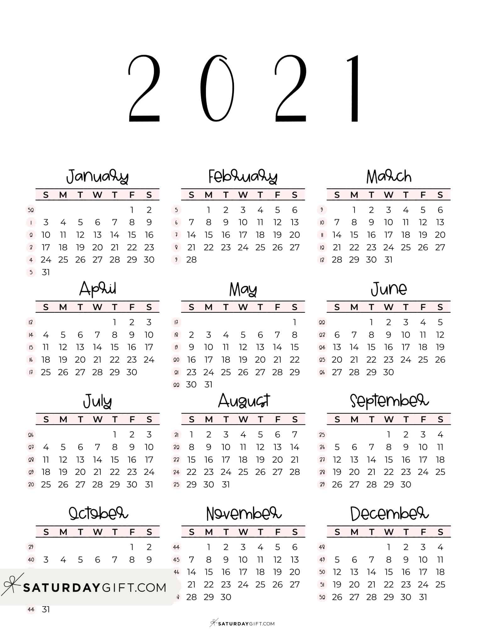 2021 Yearly Calendar printable with week numbers starting Sunday - pink free printable