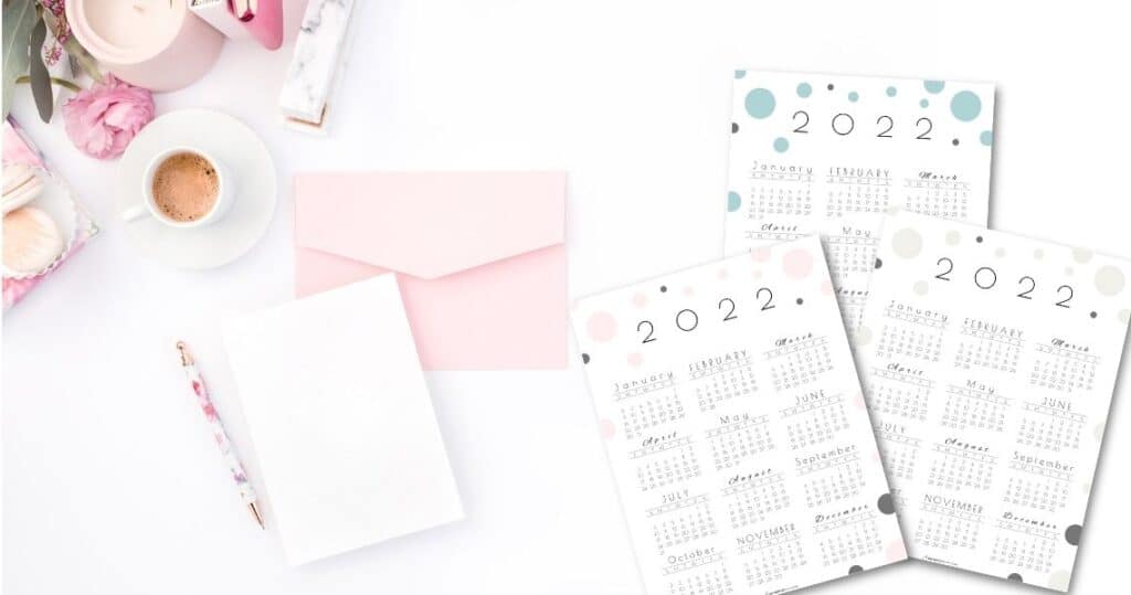 2022 Year at a glance calendar Cute dots pink, beige and green by SaturdayGift