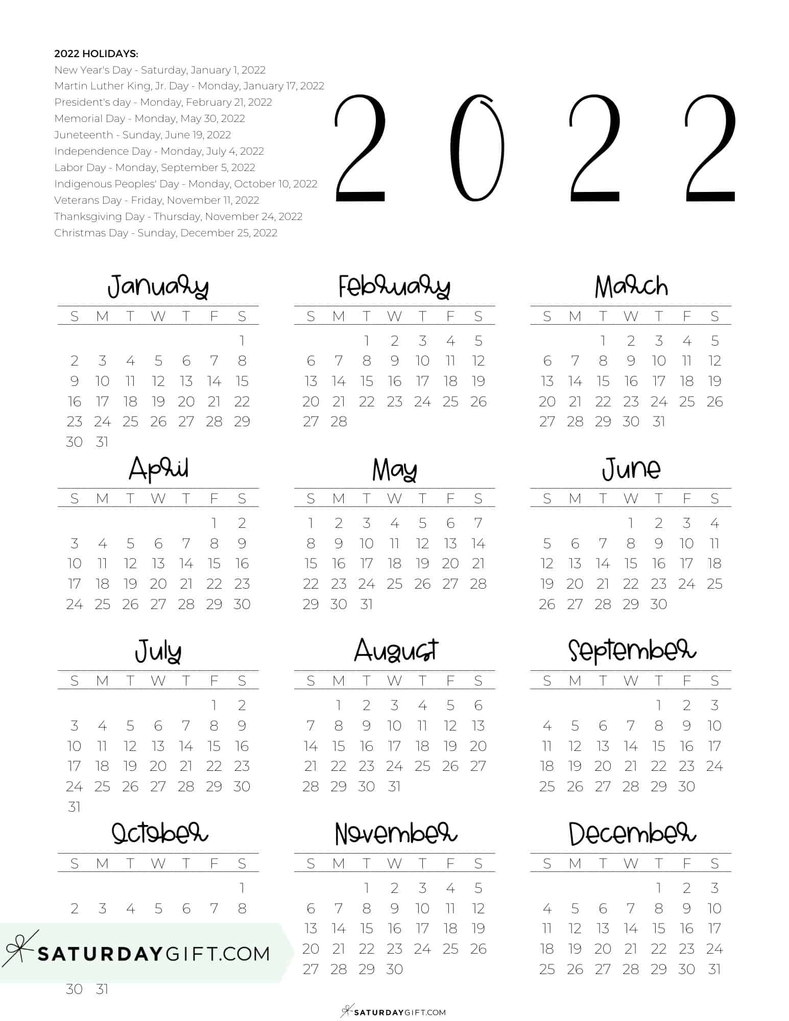 2022 Calendar Printable - Cute & Free 2022 Yearly Calendar Templates