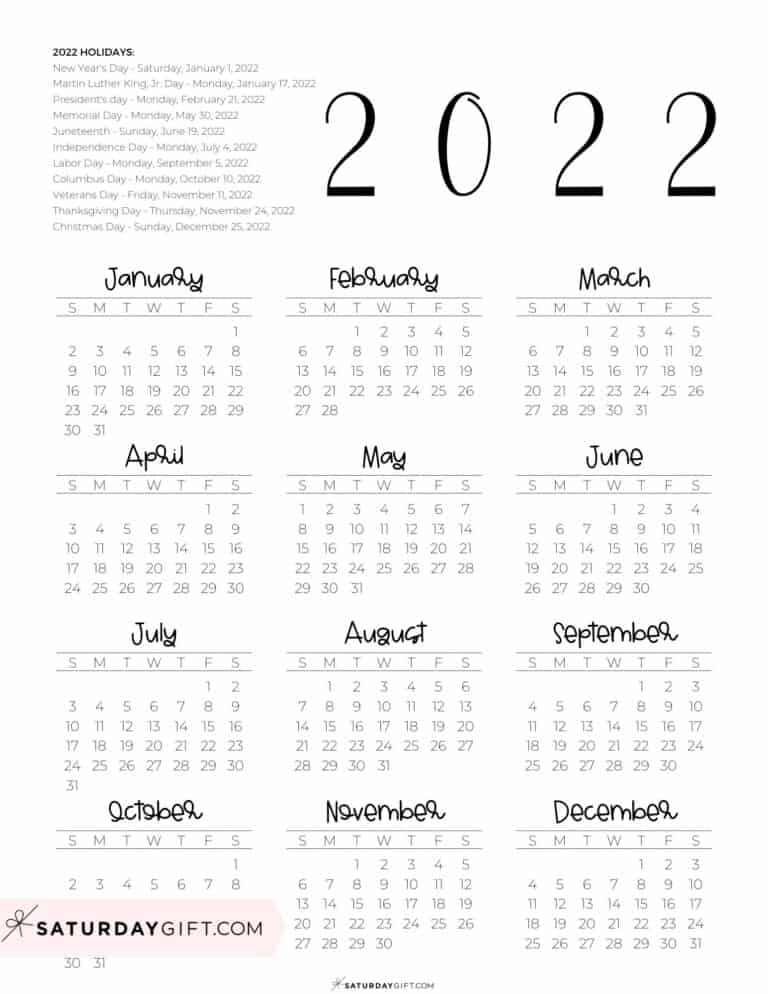 2022 calendar printable cute free 2022 yearly calendar templates