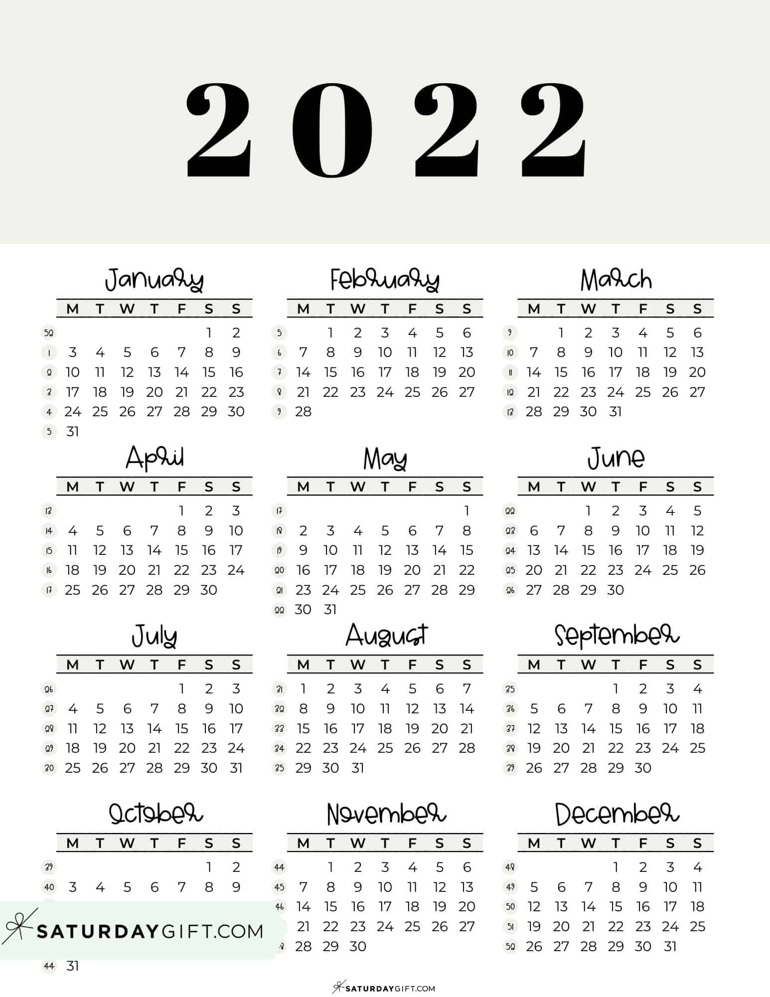 2022 Year Calendar Yearly Printable 1 Year Calendar At A Glance Ten 