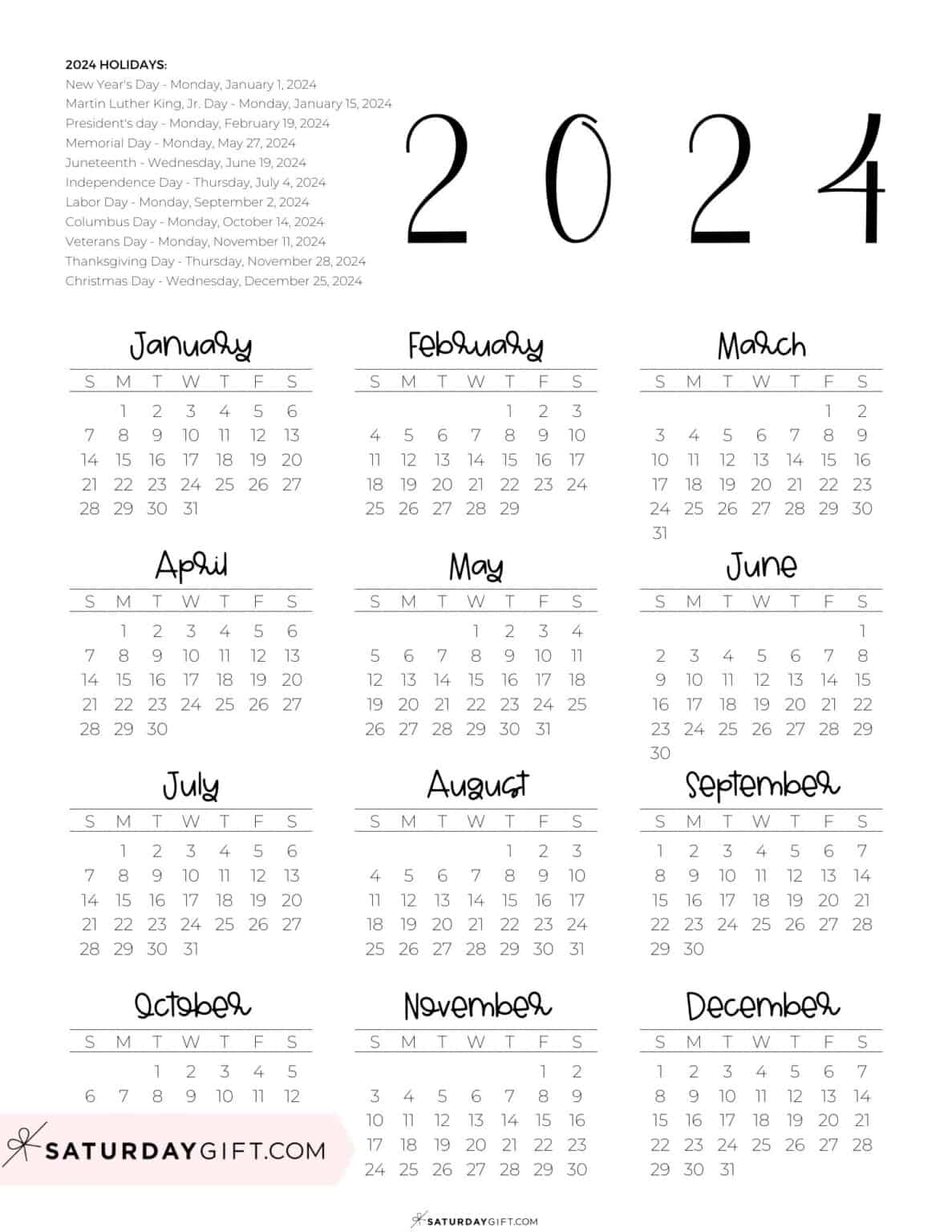 2024 Calendar Printable - Cute & Free 2024 Yearly Calendar Templates