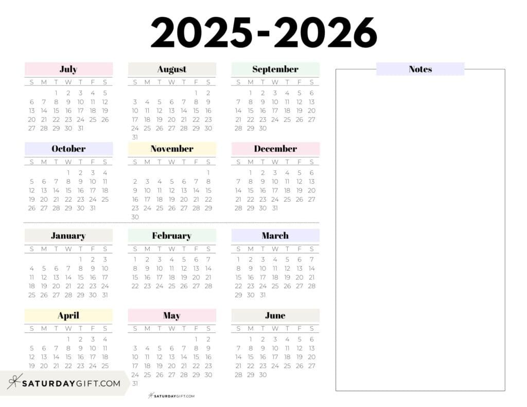 2025-2026 Cute Printable School Calendar Template with Notes Section - Pastel Colors - Landscape | SaturdayGift