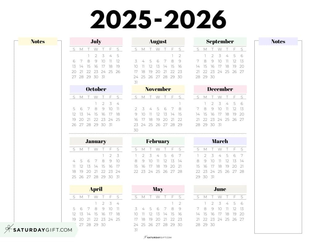 2025-2026 Cute Printable School Year Calendar Template with Notes Section - Pastel Colors - Landscape | SaturdayGift
