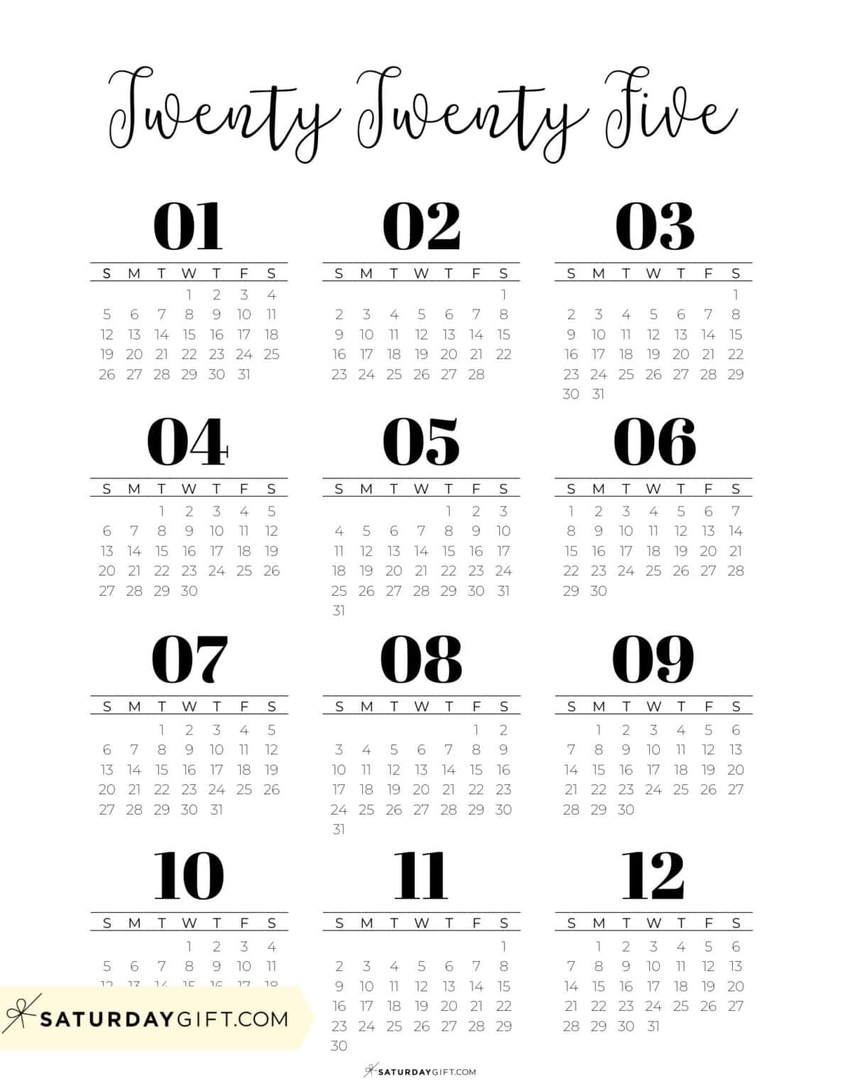 2025 year at a glance Calendars - 37 Cute and Free PDFs