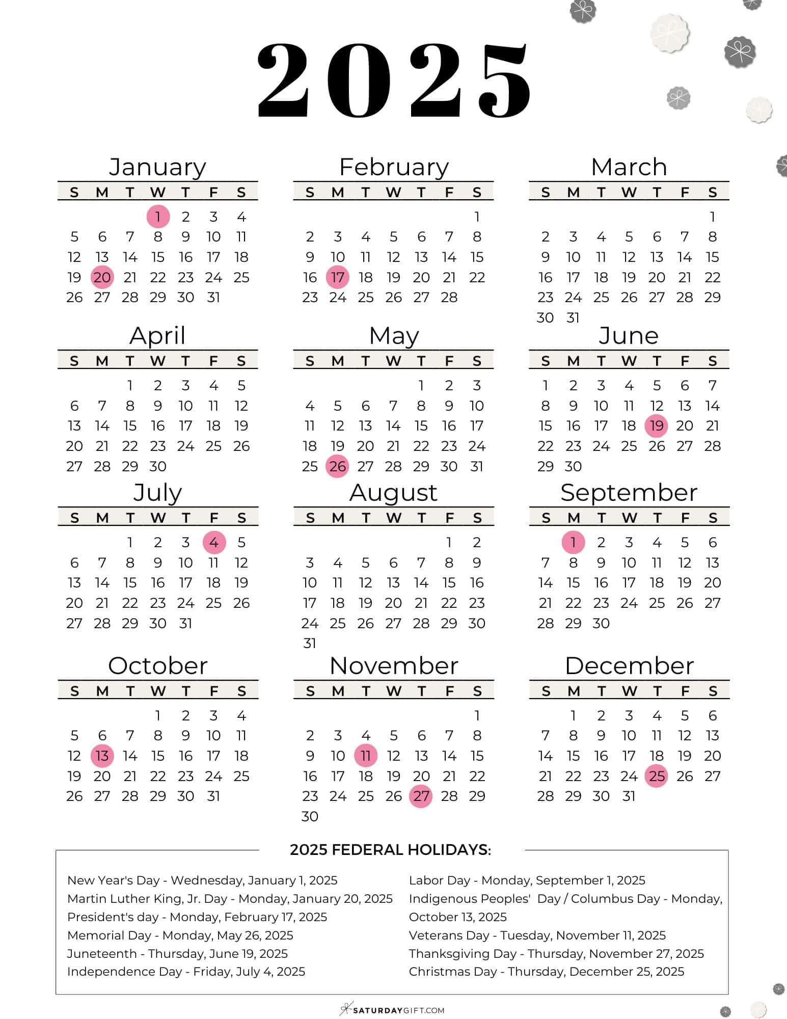 2025 Calendar with Federal Holidays in the U.S. PDF Template | SaturdayGift