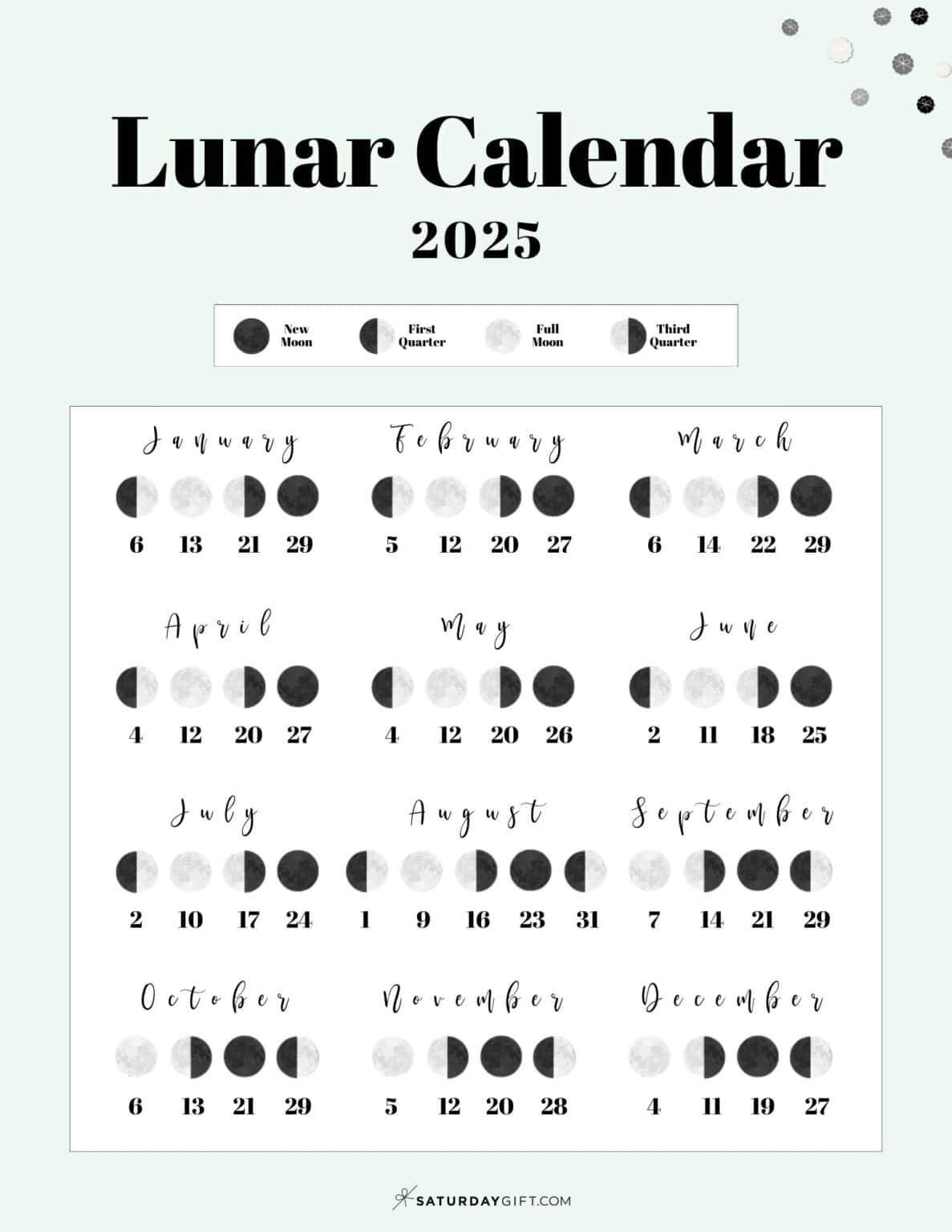 Moon Phase Calendar 12 Cute & Free Printable 2025 Lunar Calendars