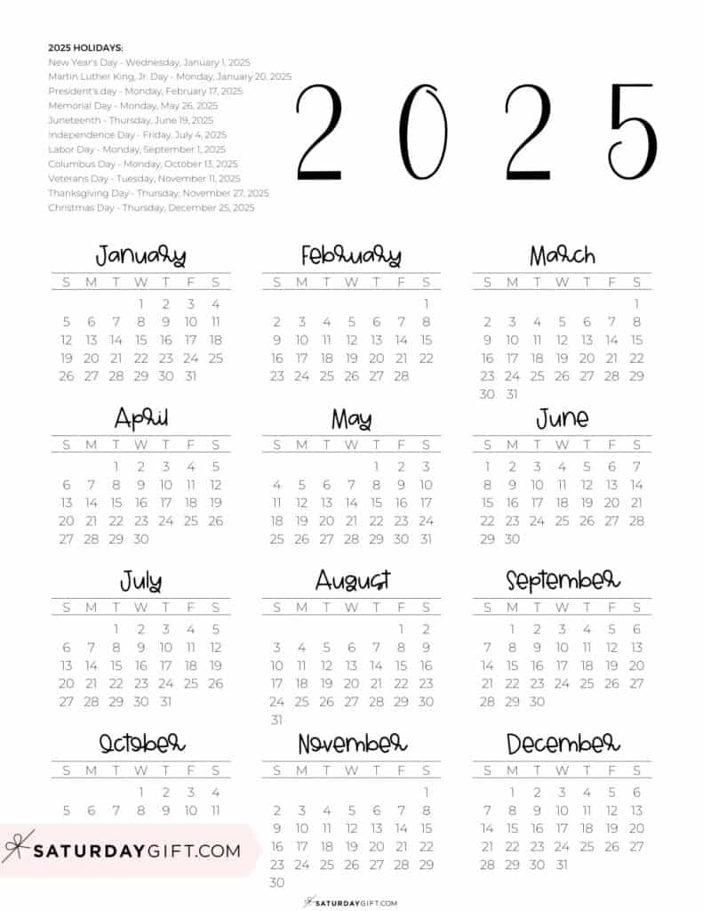 2025 Calendar Printable - 18 Cute & Free 2025 Yearly Calendar Templates