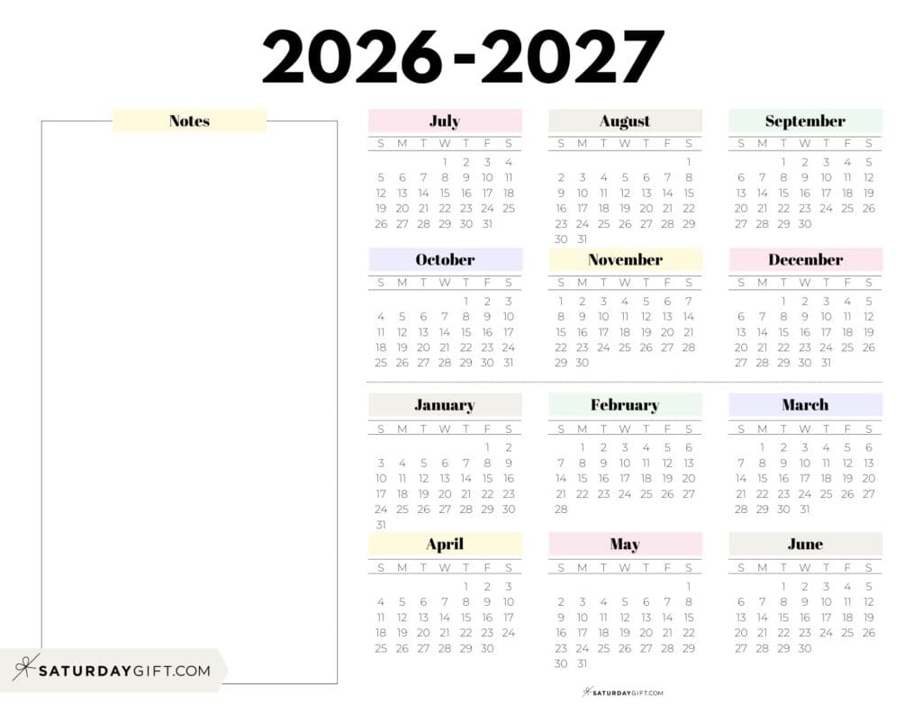 2026-2027 Cute Printable Academic Calendar with Notes Section - Pastel Colors - Landscape | SaturdayGift