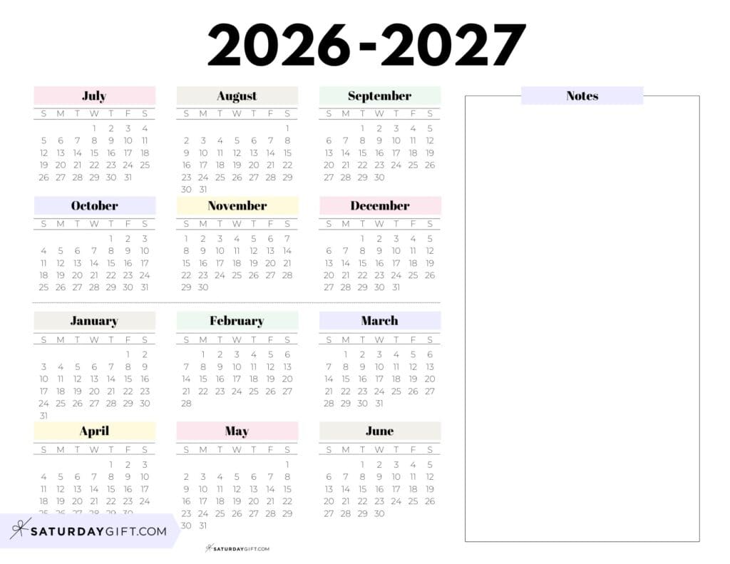 2026-2027 Cute Printable School Calendar Template with Notes Section - Pastel Colors - Landscape | SaturdayGift