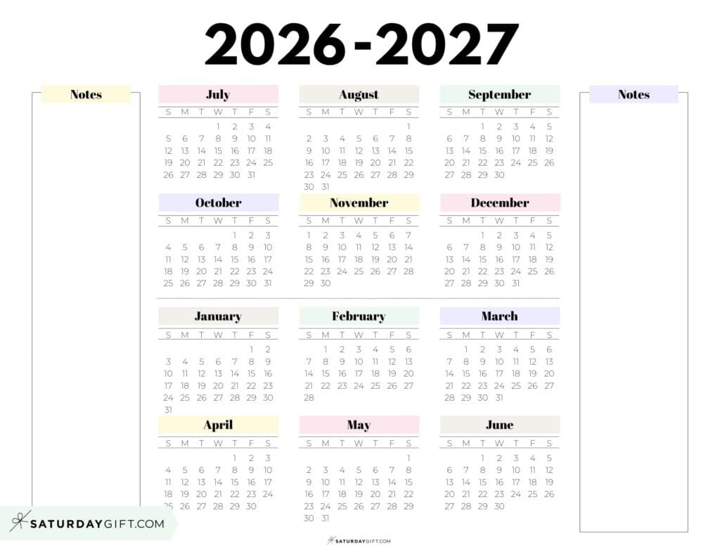 2026-2027 Cute Printable School Year Calendar Template with Notes Section - Pastel Colors - Landscape | SaturdayGift