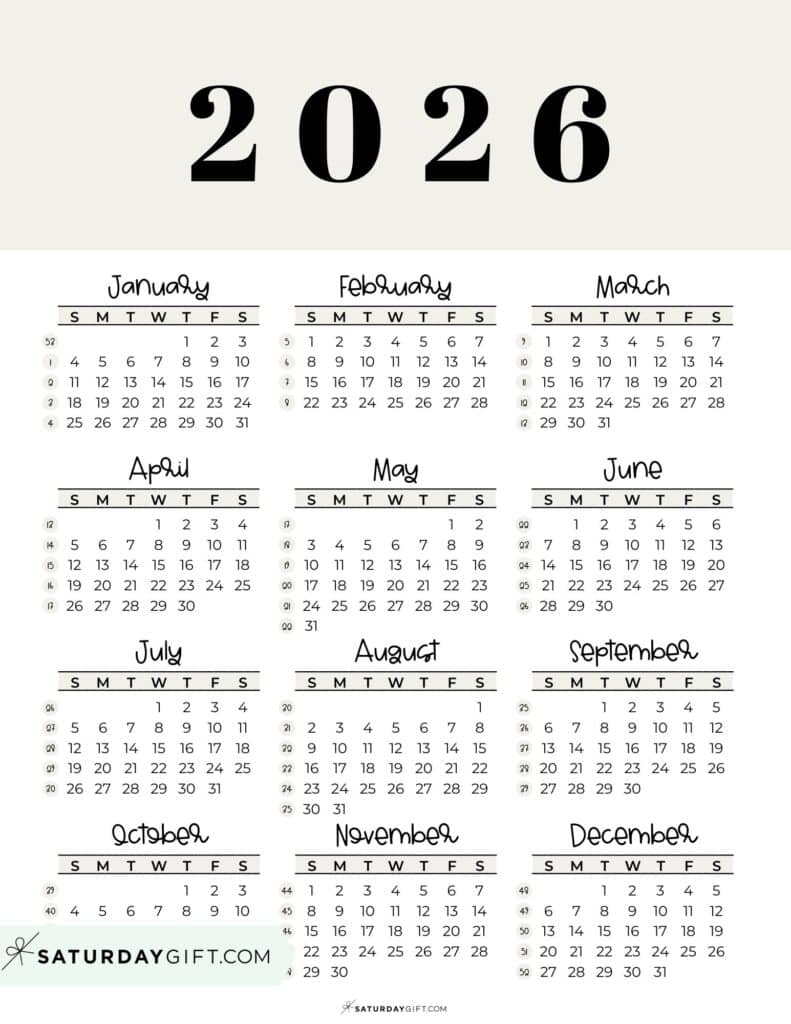 2026 Annual Calendar Printable with Week Numbers Sunday-Starting | SaturdayGift