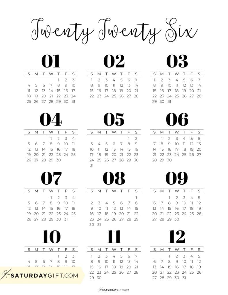 2026 Annual Calendar Template Printable PDF | SaturdayGift