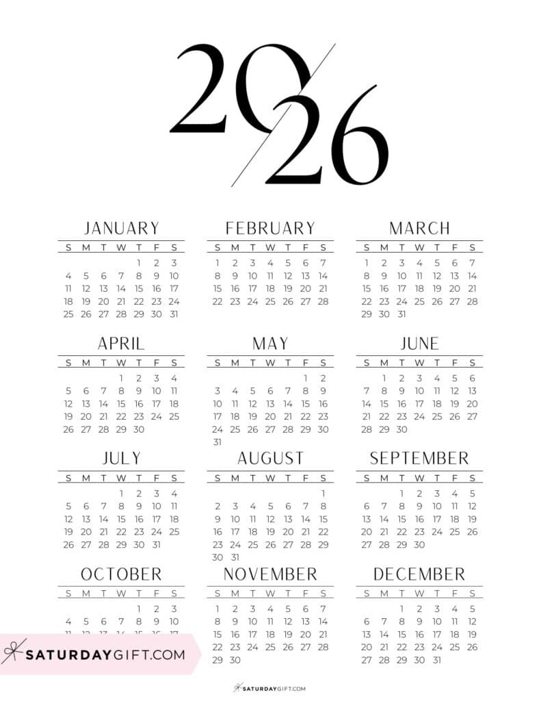 2026 Calendar Printable Aesthetic Black and White Calendar | SaturdayGift