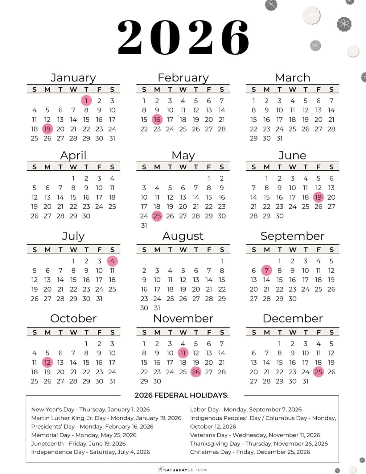 List of Federal holidays 2026 in the U.S. | SaturdayGift