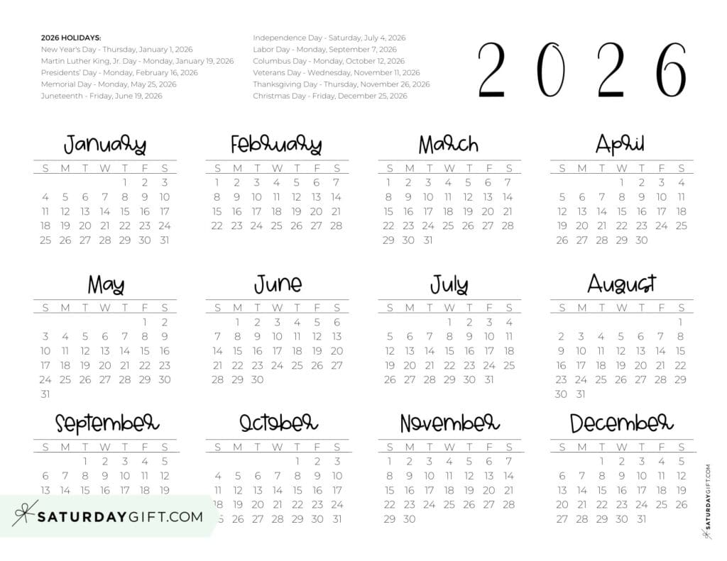 2026 Federal Holidays Calendar Landscape | SaturdayGift