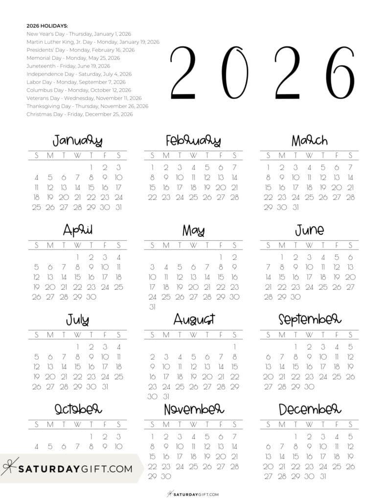2026 Federal Holidays Calendar Portrait | SaturdayGift