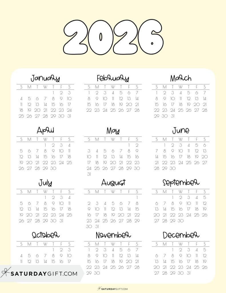 2026 Year Calendar Printable Free Download Yellow | SaturdayGift
