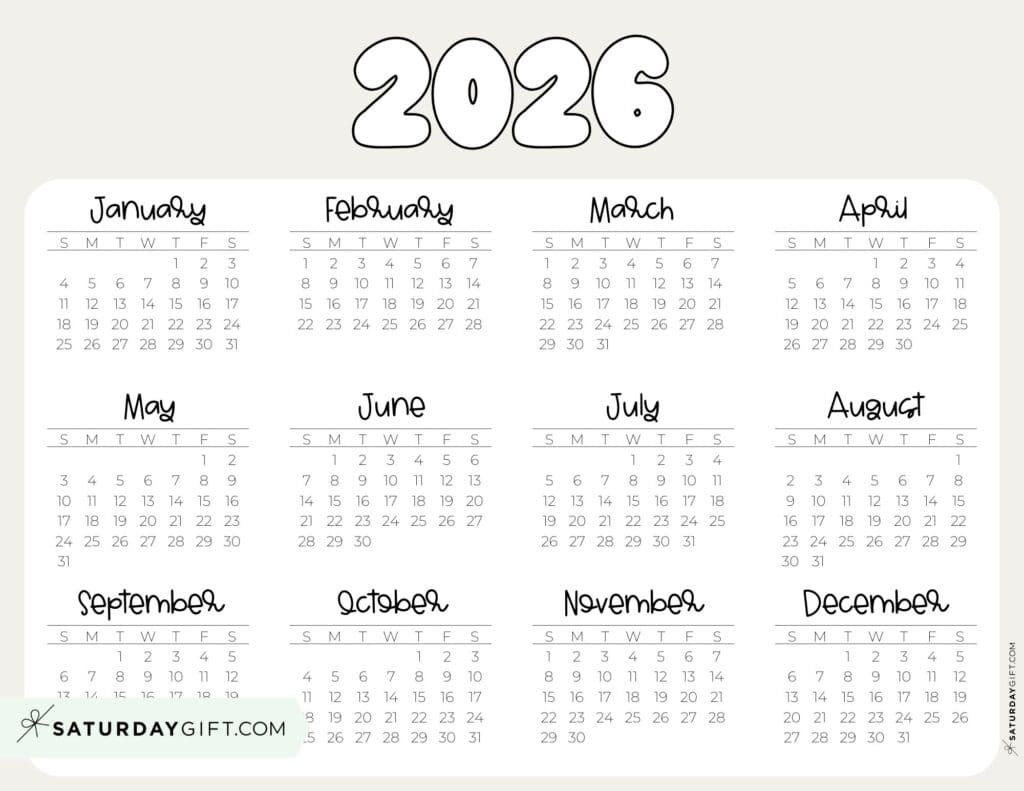 2026 Year Calendar Printable PDF Landscape Beige | SaturdayGift