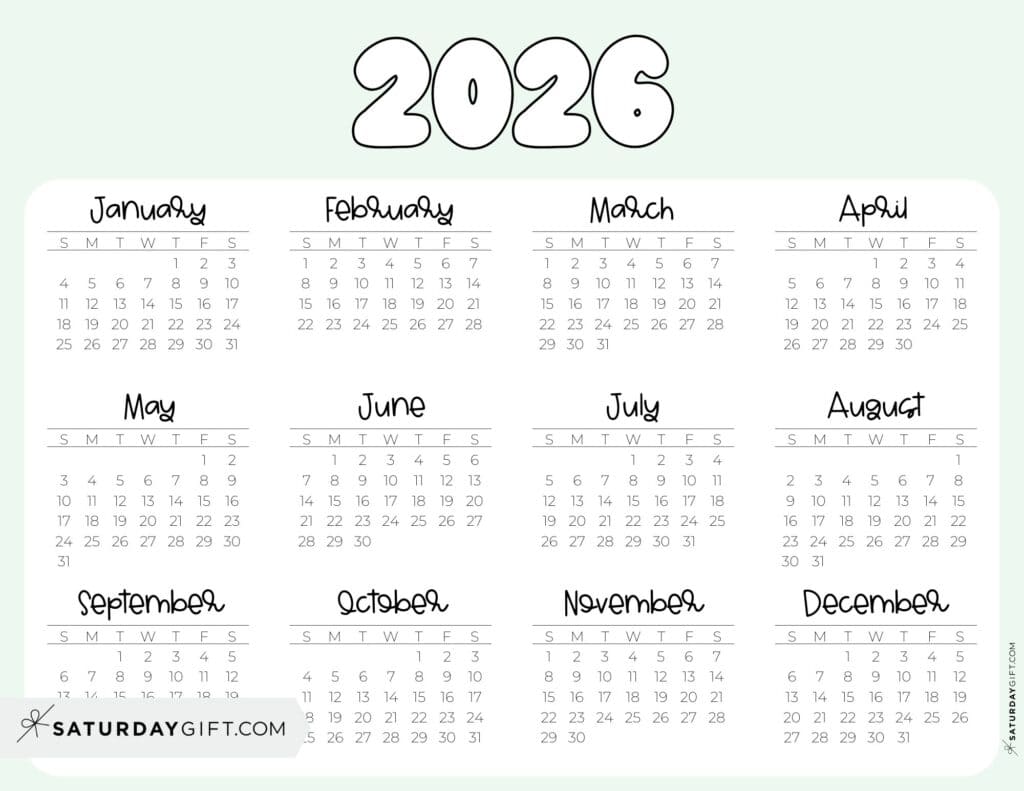2026 Year Calendar Printable PDF Landscape Green | SaturdayGift