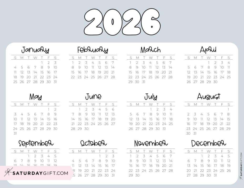 2026 Year Calendar Printable PDF Landscape Grey | SaturdayGift