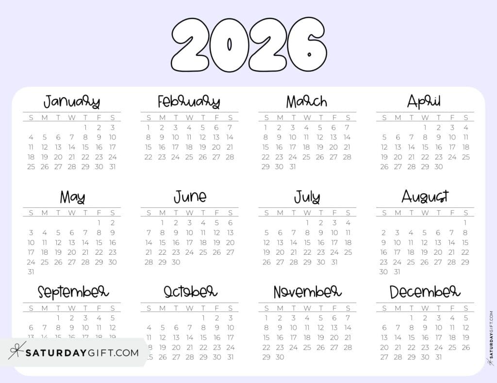 2026 Year Calendar Printable PDF Landscape Lilac | SaturdayGift