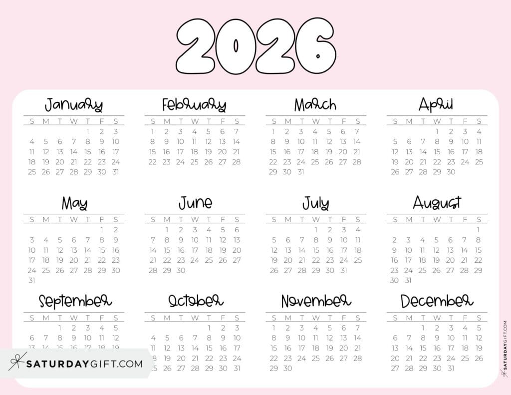 2026 Year Calendar Printable PDF Landscape Pink | SaturdayGift