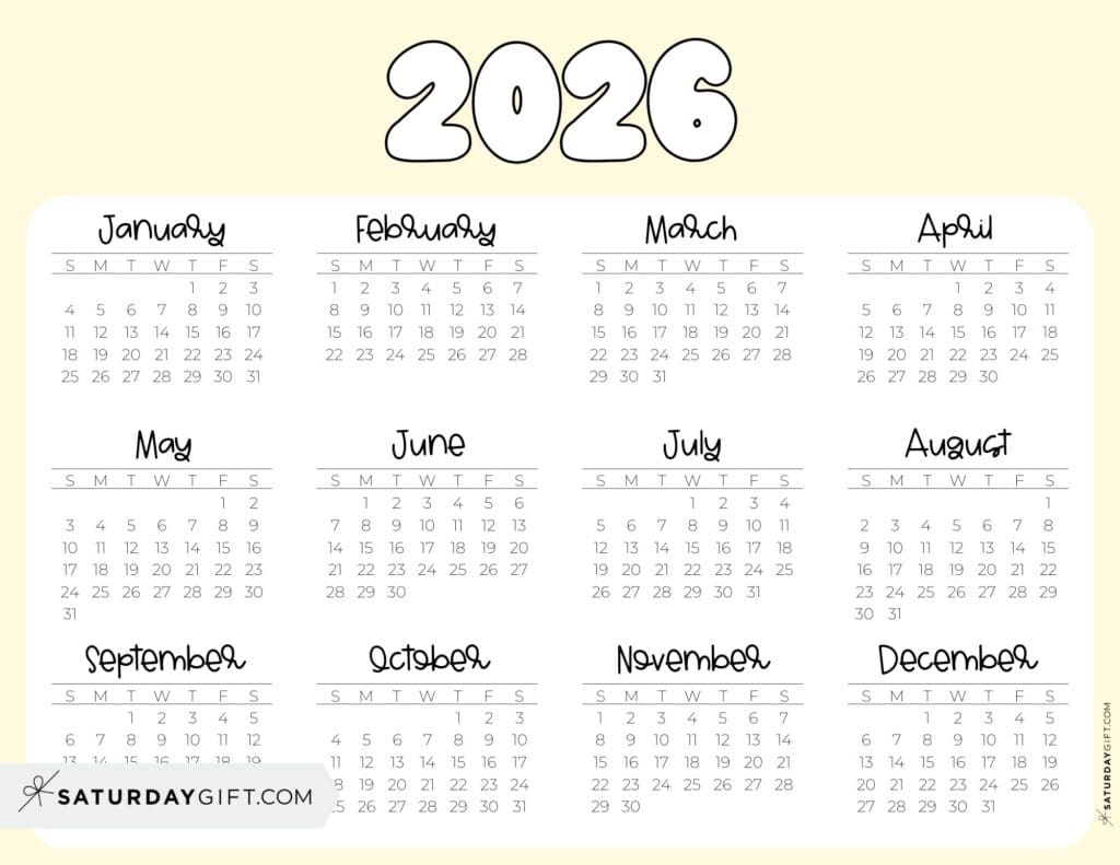 2026 Year Calendar Printable PDF Landscape Yellow | SaturdayGift
