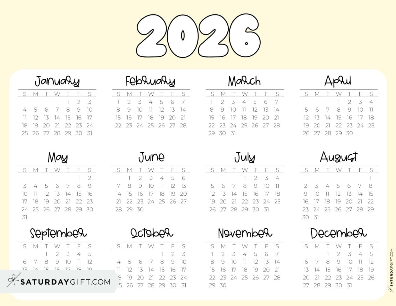 2026 Yearly Calendar Printable 35 Cute & Free 2026 Annual Calendars