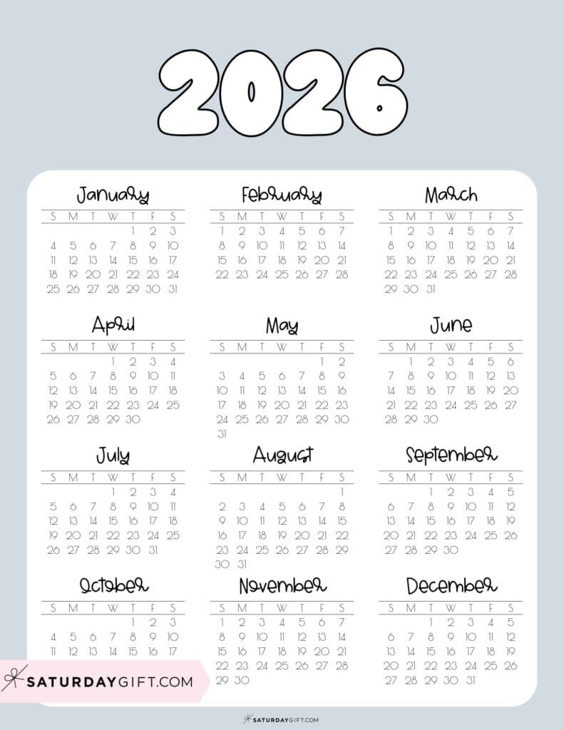 2026 Year Long Calendar Printable PDF Grey | SaturdayGift