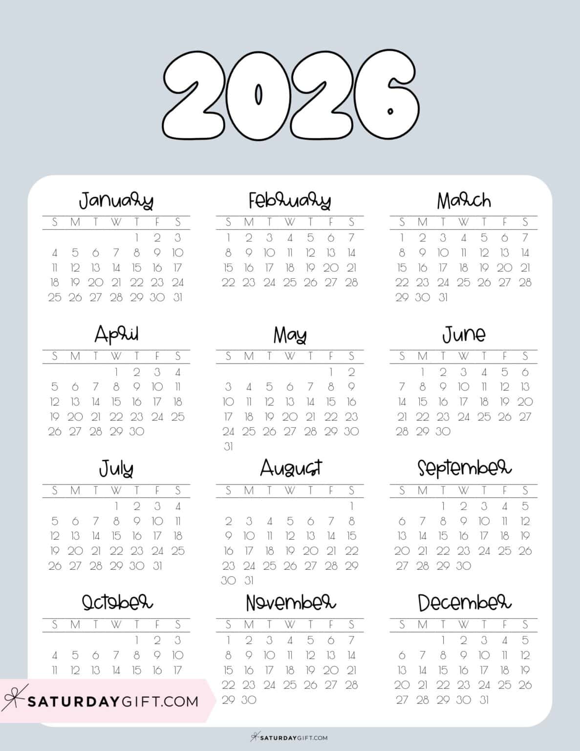 2026 Yearly Calendar Printable - 17 Cute &amp; Free 2026 Annual Calendars