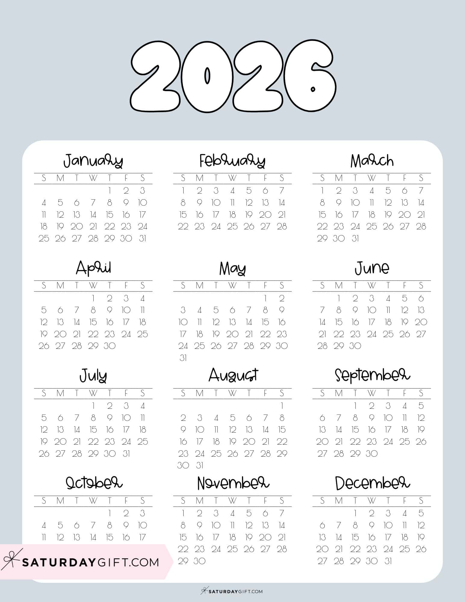2026 Yearly Calendar Printable 17 Cute & Free 2026 Annual Calendars