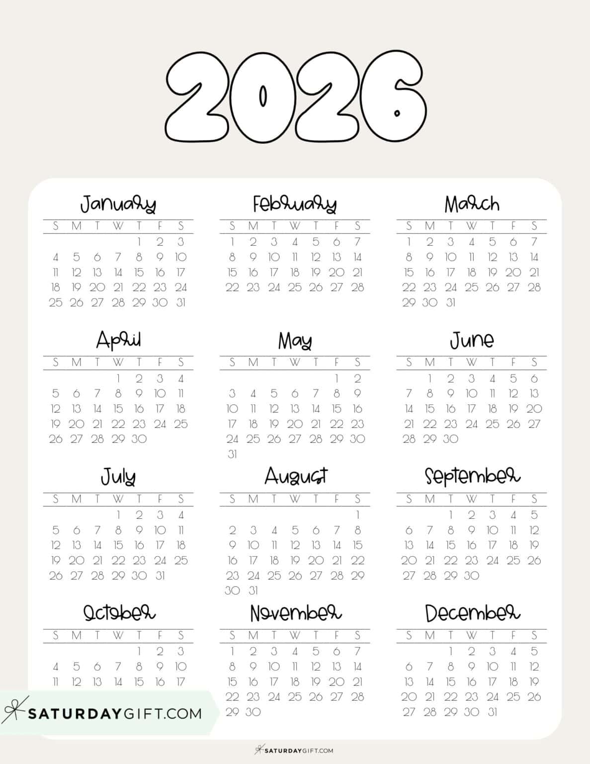 2026 Yearly Calendar Printable 17 Cute & Free 2026 Annual Calendars