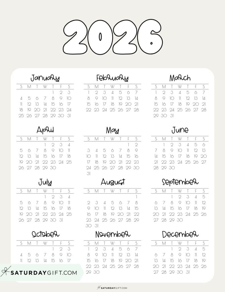 2026 Year at a Glance Calendar Printable PDF Beige | SaturdayGift