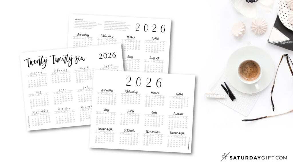 2026 Yearly Calendar printable horizontal templates | SaturdayGift