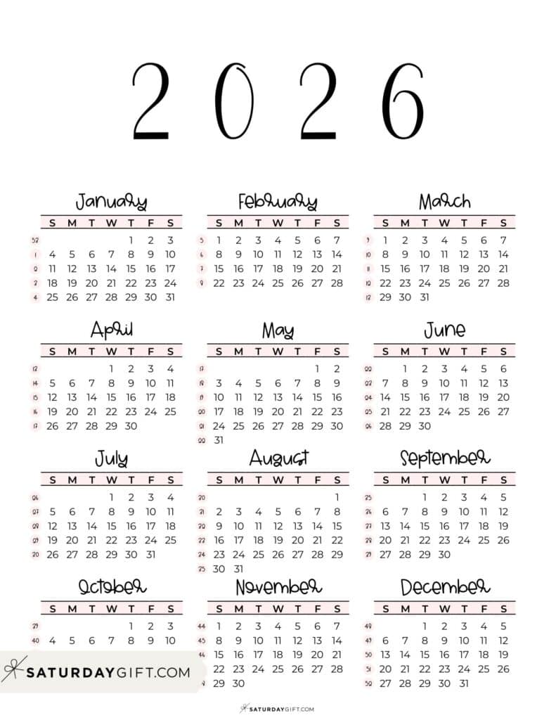 2026 Yearly Calendar with Week Numbers Printable | SaturdayGift