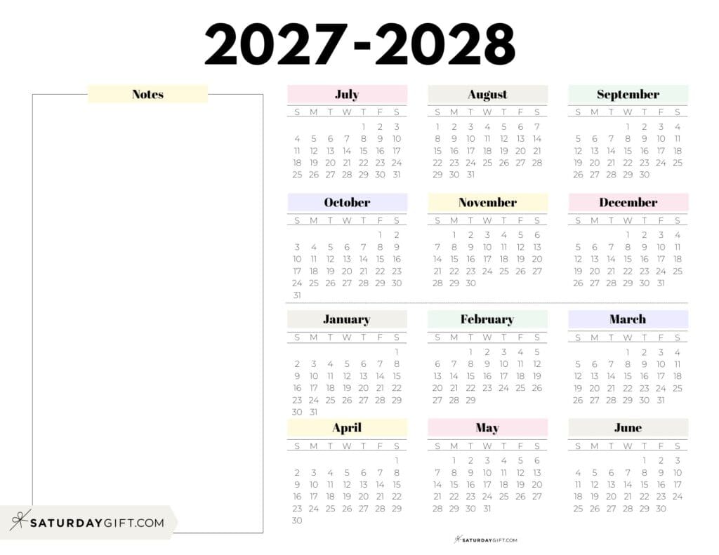 2027-2028 Cute Printable Academic Calendar with Notes Section - Pastel Colors - Landscape | SaturdayGift