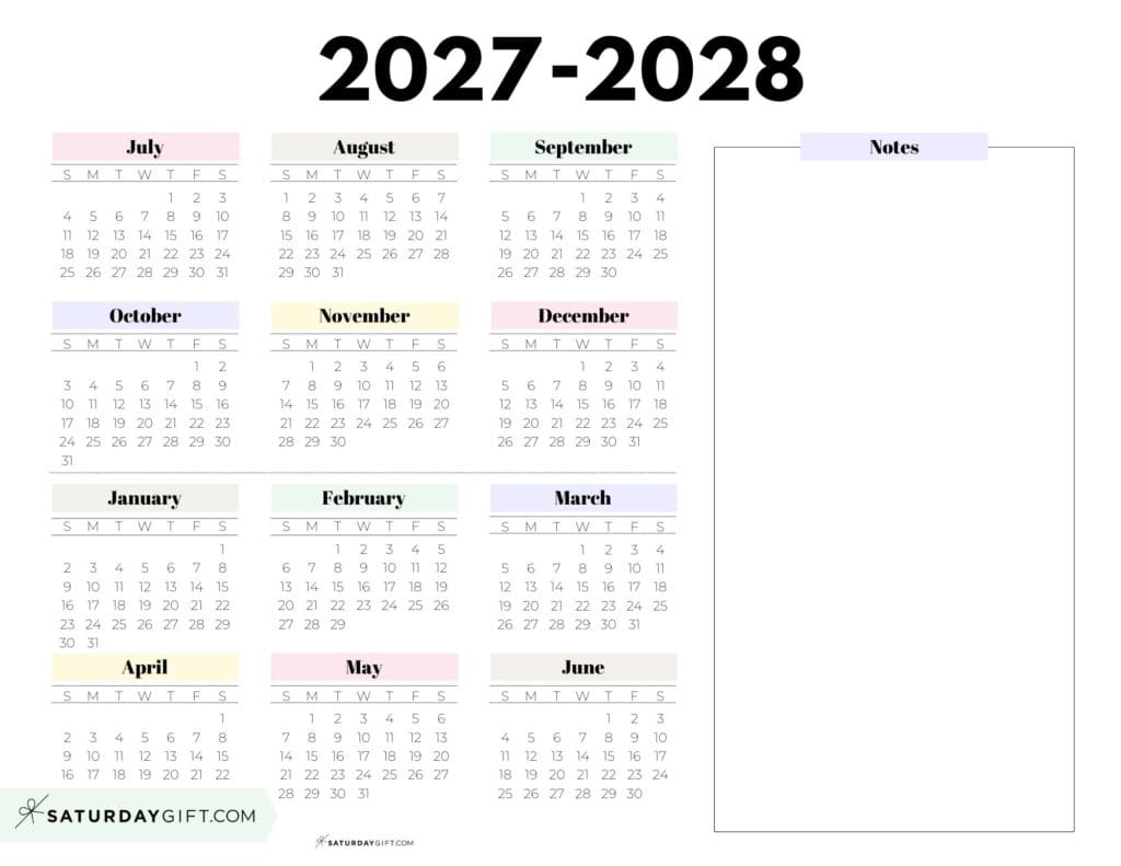 2027-2028 Cute Printable School Calendar Template with Notes Section - Pastel Colors - Landscape | SaturdayGift