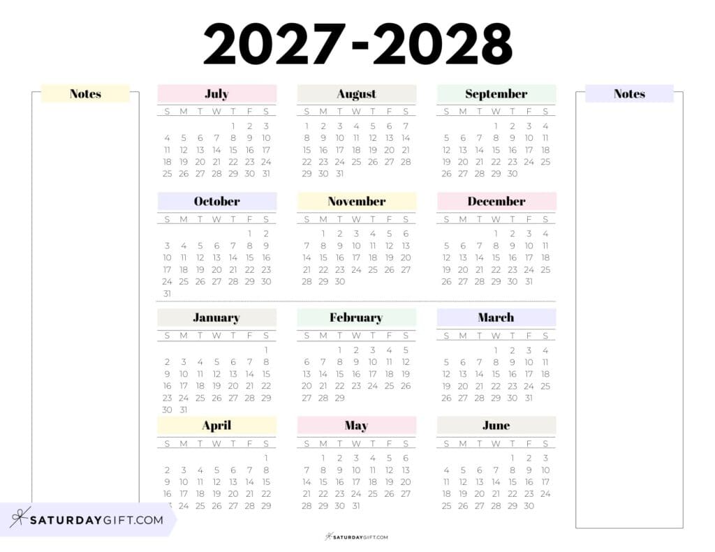 2027-2028 Cute Printable School Year Calendar Template with Notes Section - Pastel Colors - Landscape | SaturdayGift
