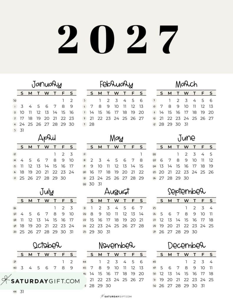 2027 Annual Calendar Printable with Week Numbers Sunday-Starting