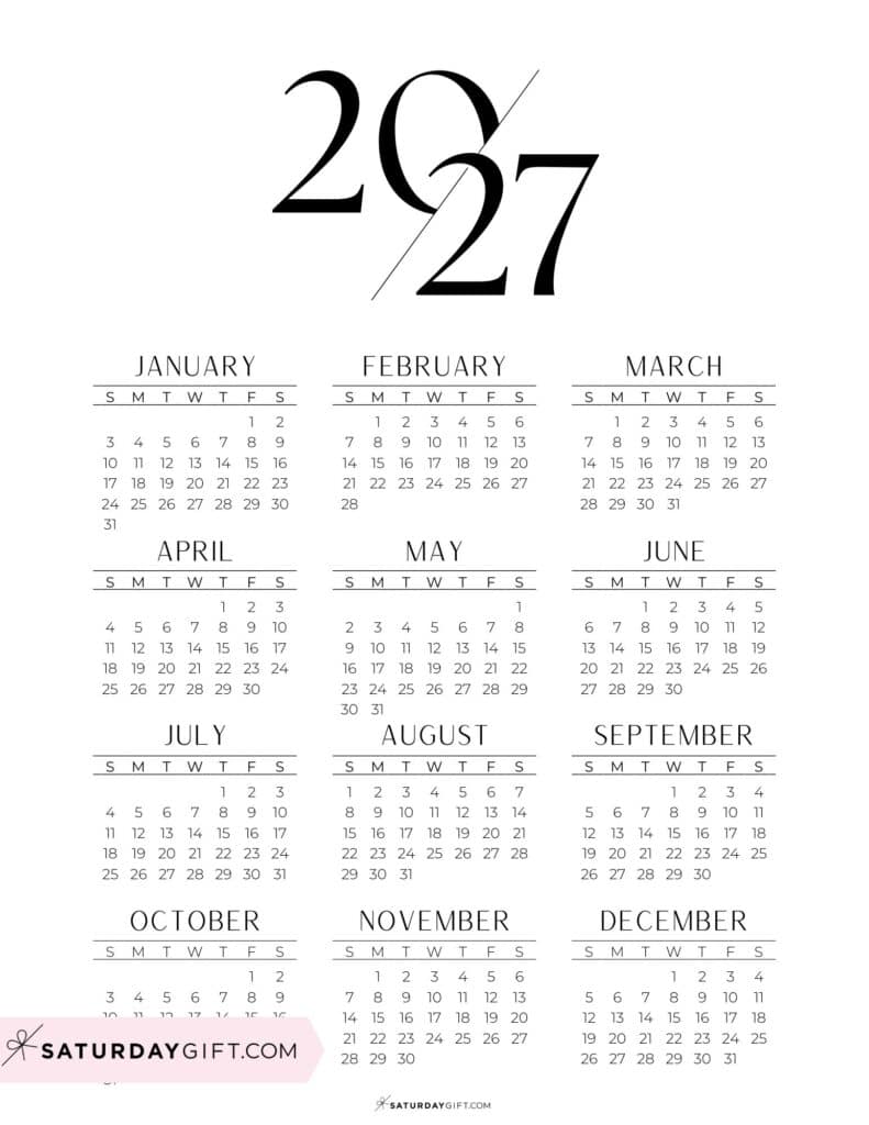 2027 Calendar Printable Aesthetic Black and White Calendar